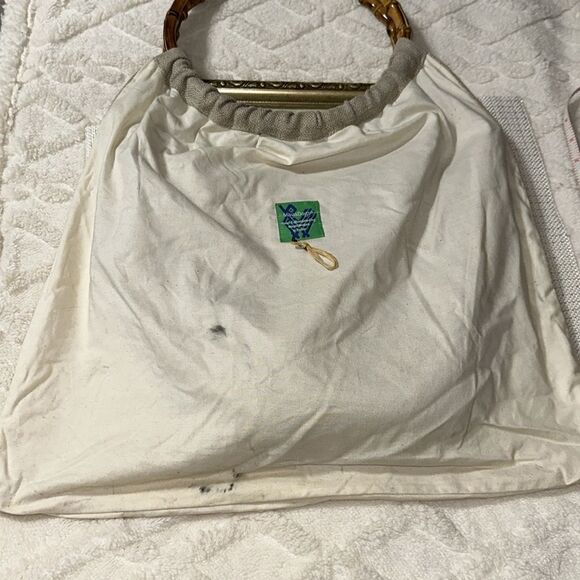 Maya Bags Linen Ivory Brown Hand Embroidered Round Bamboo Handle Bag - Picture 6 of 7